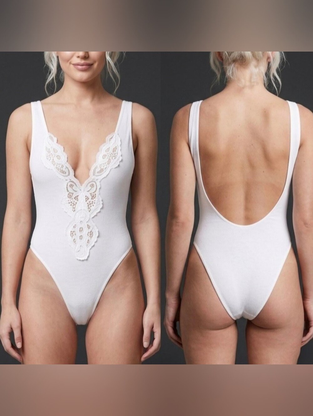 Vtg 90s VS white lace appl sexy high cut bikini low back scoop bodysuit M NWOT